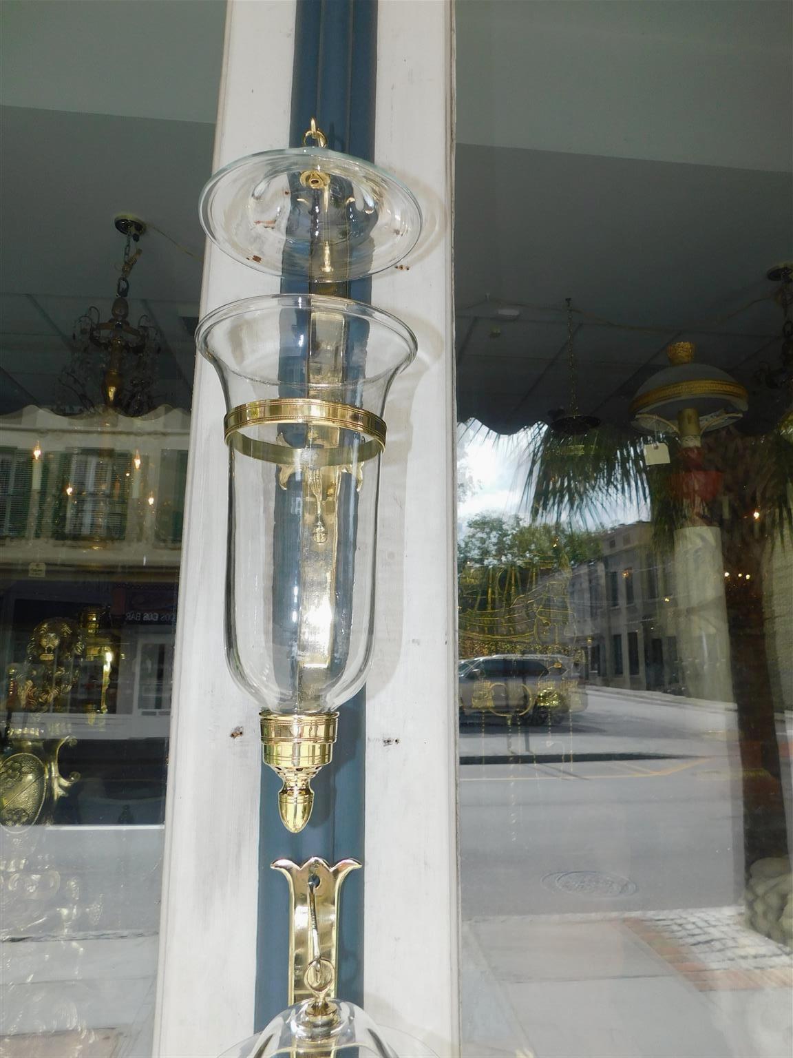 Blown Glass Pair of American Brass and Bell Glass Hurricane Mounted Wall Sconces, Circa 1880 For Sale