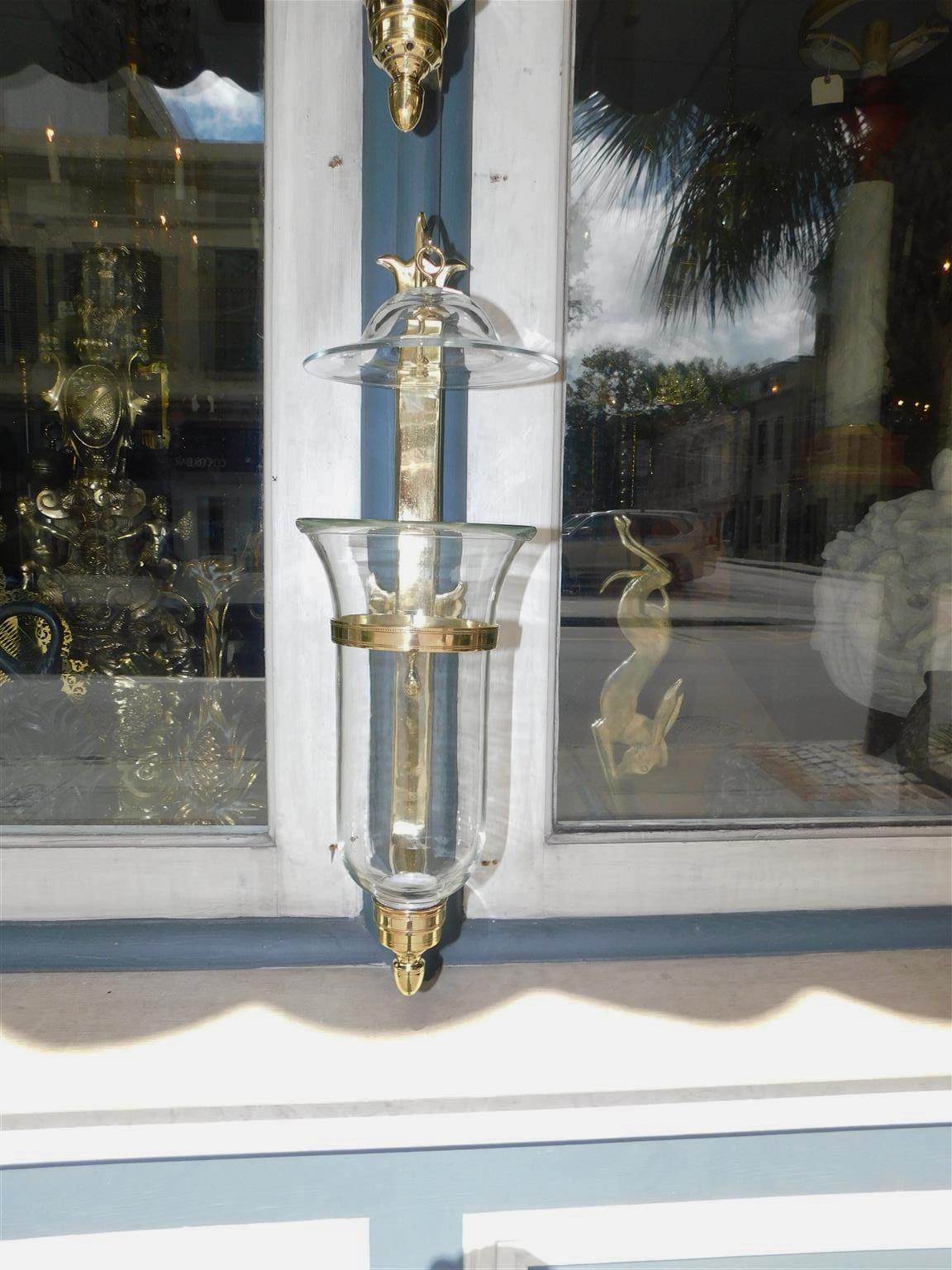 Pair of American Brass and Bell Glass Hurricane Mounted Wall Sconces, Circa 1880 For Sale 1