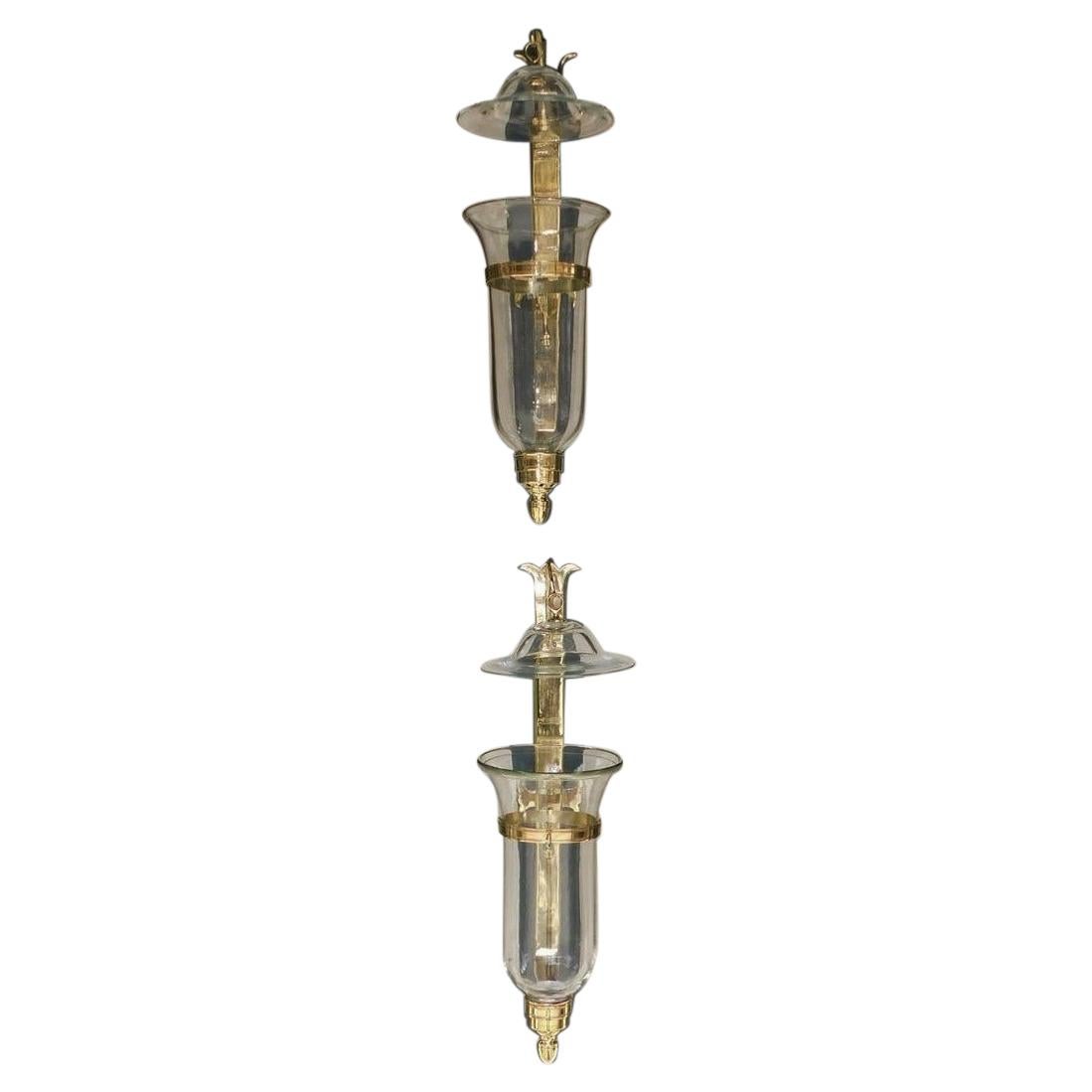 Pair of American Brass and Bell Glass Hurricane Mounted Wall Sconces, Circa 1880 For Sale