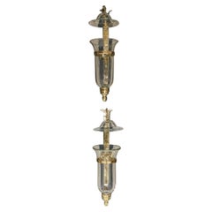Pair of American Brass and Bell Glass Hurricane Mounted Wall Sconces, Circa 1880