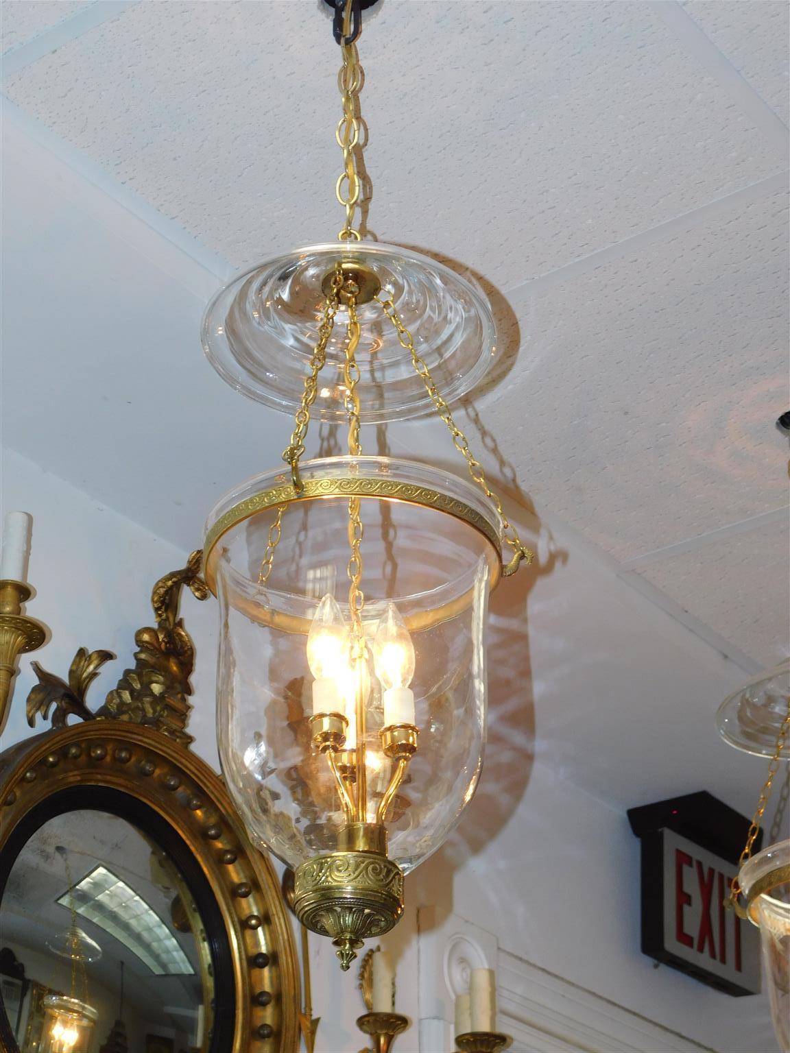 American Empire Pair of American Brass and Bell Jar Hanging Glass Lanterns, Circa 1880