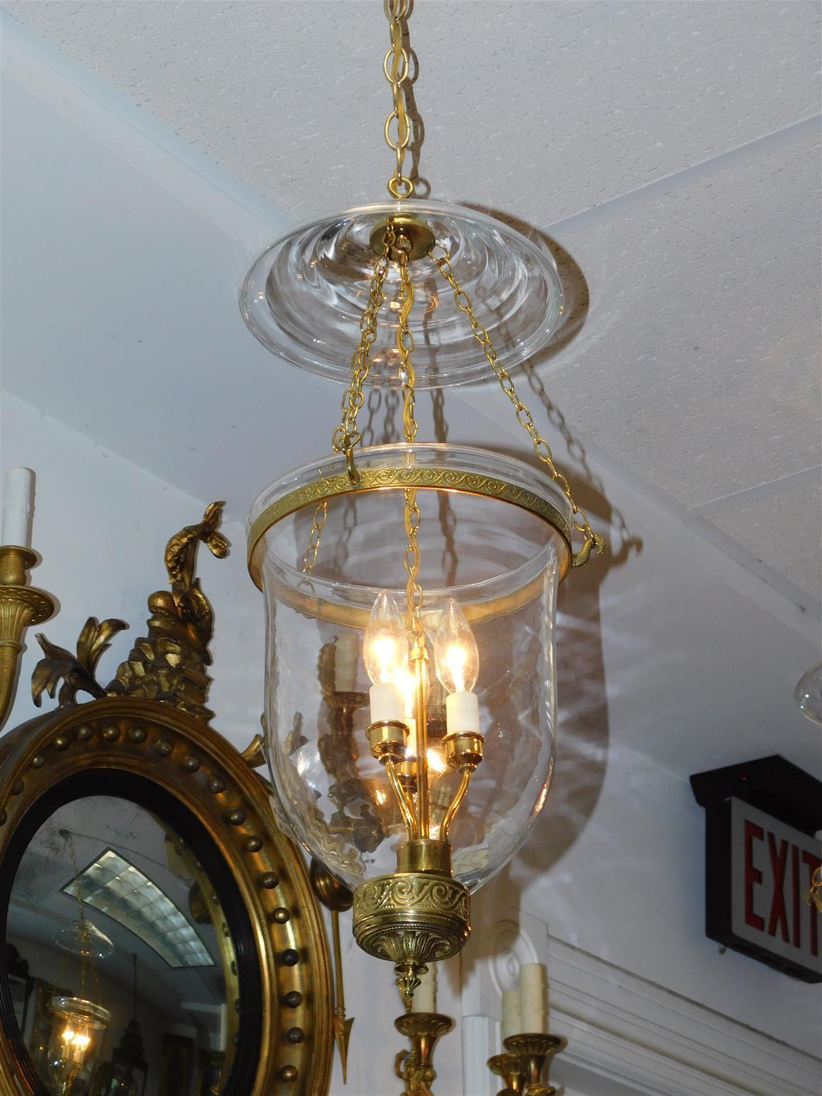North American Pair of American Brass and Bell Jar Hanging Glass Lanterns, Circa 1880