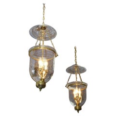 Antique Pair of American Brass and Bell Jar Hanging Glass Lanterns, Circa 1880