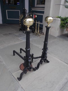Pair of American Brass and Cast Iron Ball Finial Scrolled Andirons. Circa, 1850