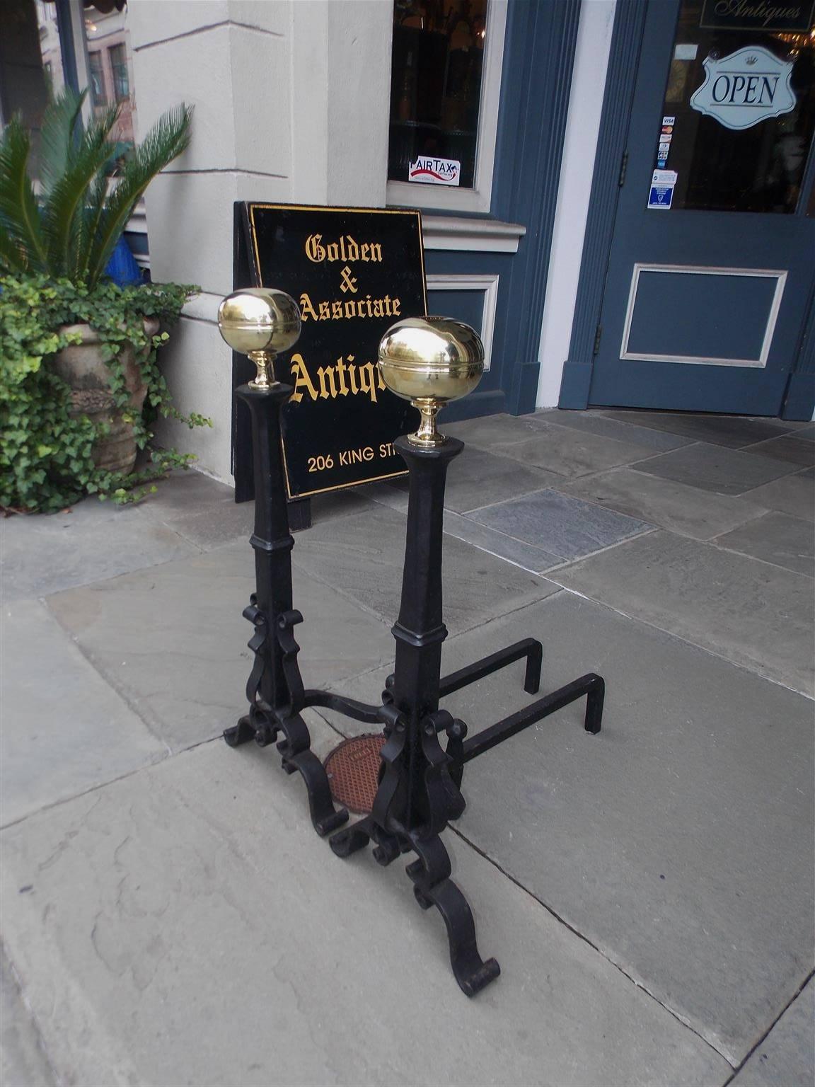 American Empire Pair of American Brass and Cast Iron Ball Finial Scrolled Andirons. Circa, 1850