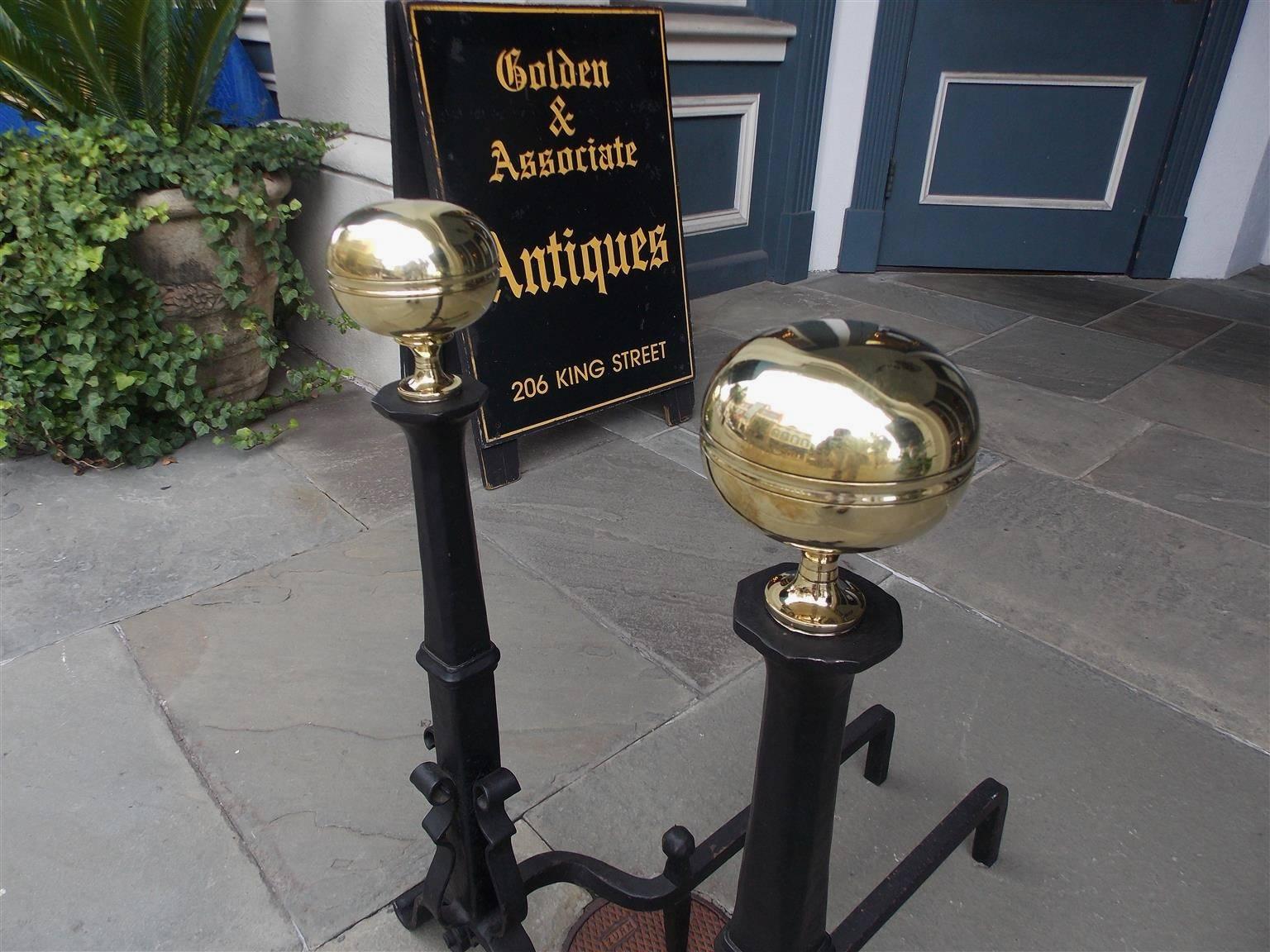 Pair of American Brass and Cast Iron Ball Finial Scrolled Andirons. Circa, 1850 In Excellent Condition In Hollywood, SC
