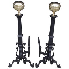 Pair of American Brass and Cast Iron Ball Finial Scrolled Andirons. Circa, 1850