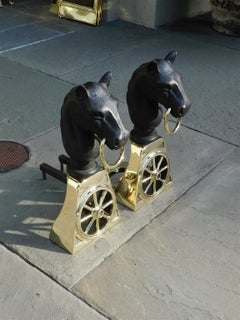 Pair of American Brass and Cast Iron Horse Head Wagon Wheel Andirons, Circa 1850