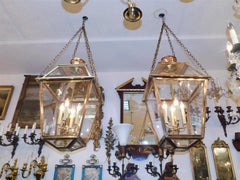 Pair of American Brass and Copper Hanging Glass Lanterns Orig. Gas, Circa 1810