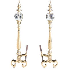 Pair of American Brass and Crystal St. Clair Andirons.  Circa 1900