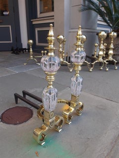 Pair of American Brass and Crystal St. Clair Flanking Finial Andirons Circa 1900