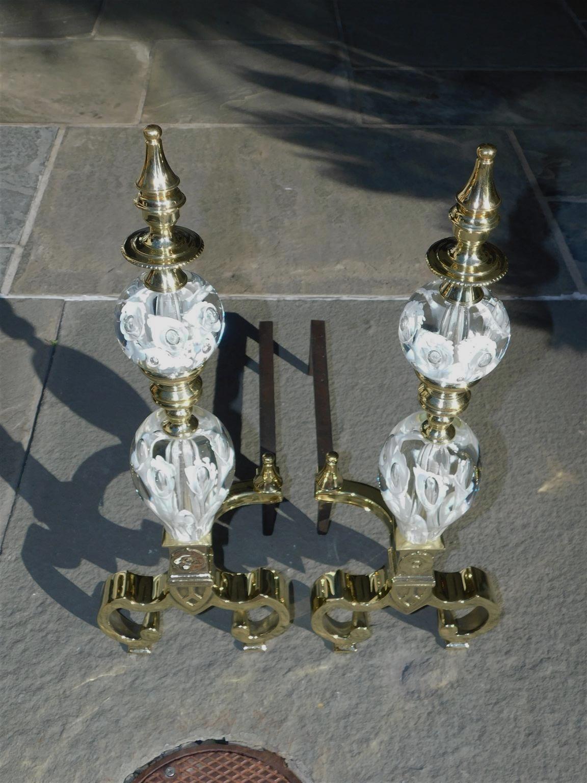 Arts and Crafts Pair of American Brass and Crystal St. Clair Flanking Urn Finial Andirons C 1900