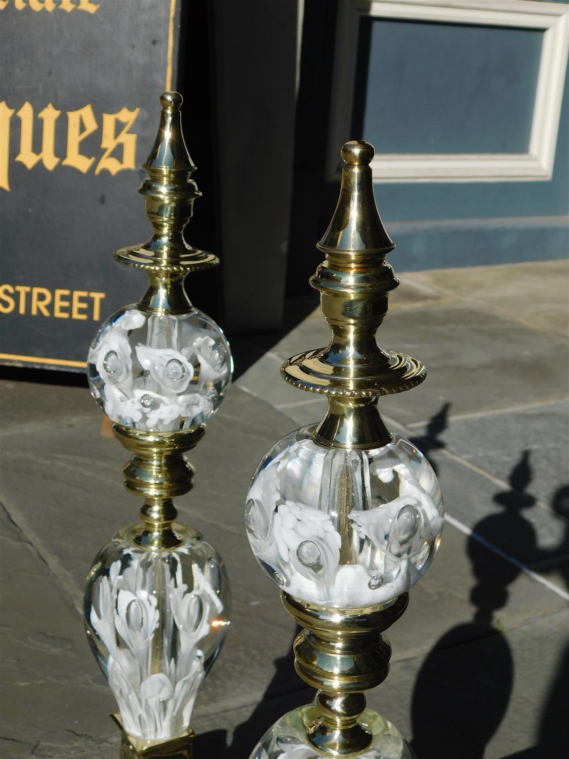 Pair of American Brass and Crystal St. Clair Flanking Urn Finial Andirons C 1900 In Excellent Condition In Charleston, SC