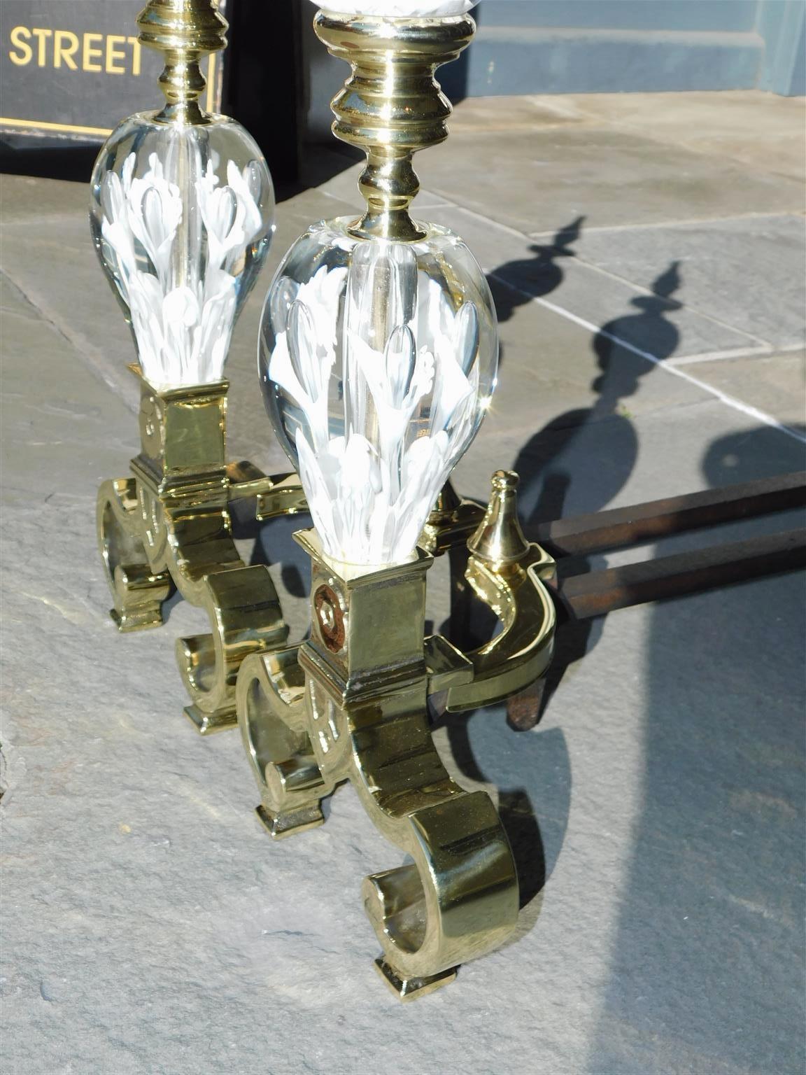 Early 20th Century Pair of American Brass and Crystal St. Clair Flanking Urn Finial Andirons C 1900