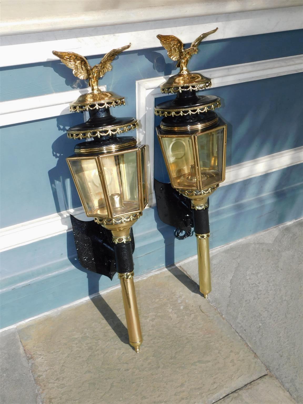 American Empire Pair of American Brass and Iron Eagle Finial Beaded Swag Coach Lanterns, C. 1850