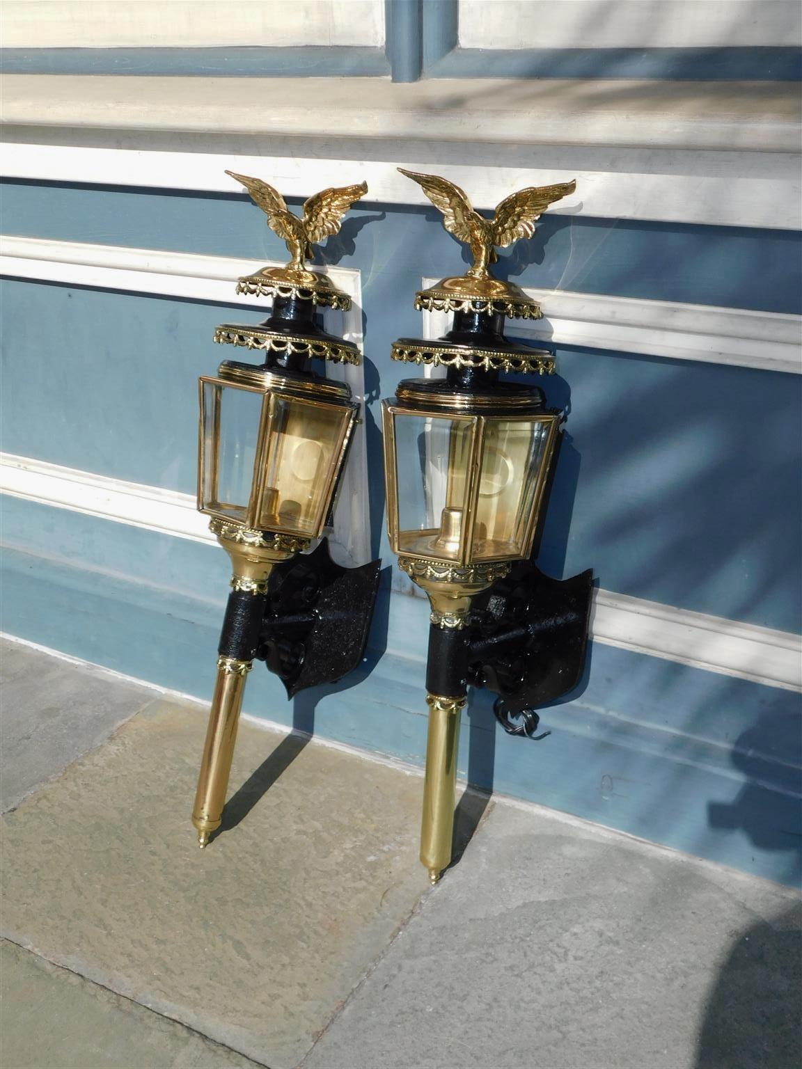 Beveled Pair of American Brass and Iron Eagle Finial Beaded Swag Coach Lanterns, C. 1850