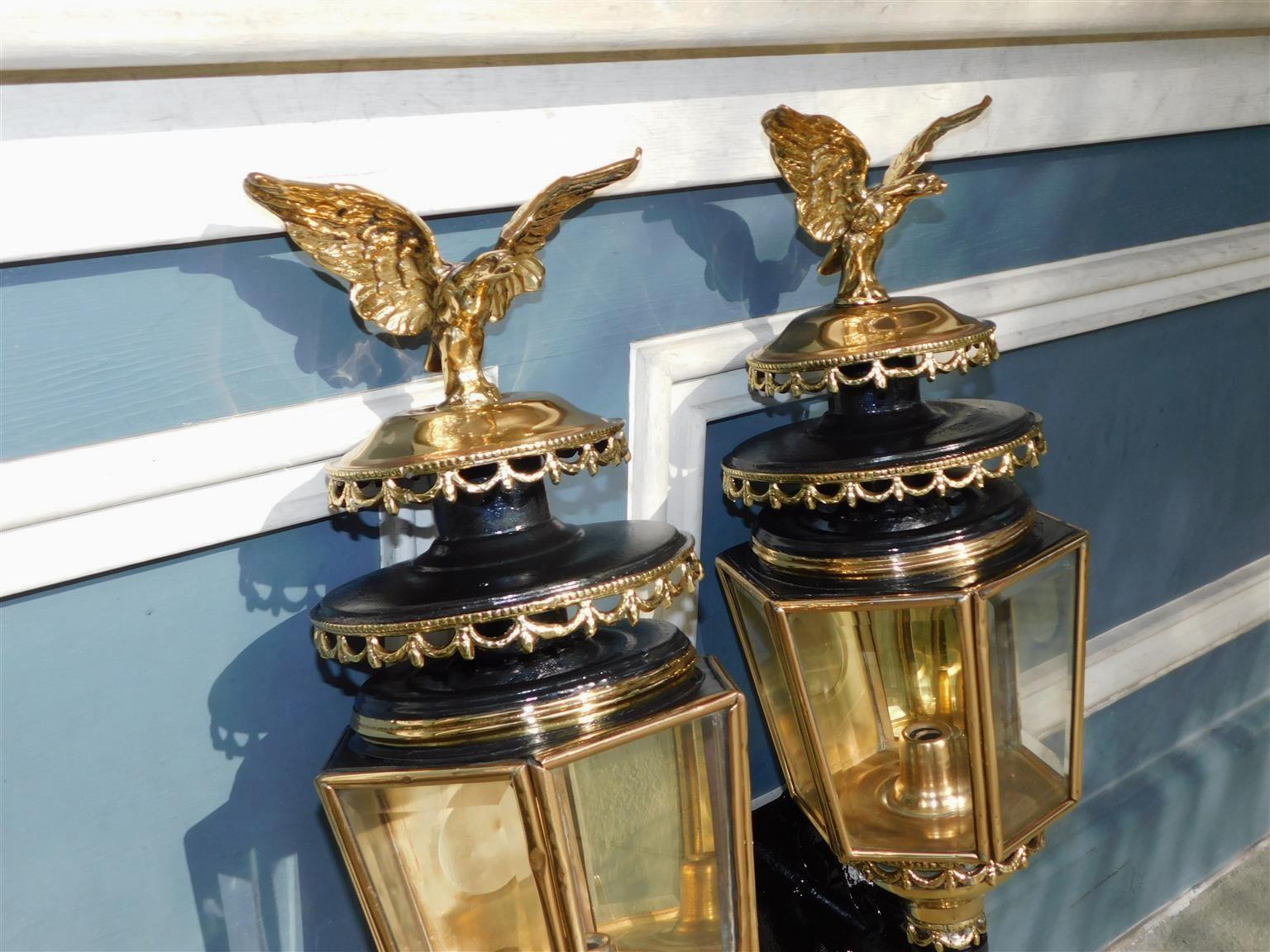 Pair of American Brass and Iron Eagle Finial Beaded Swag Coach Lanterns, C. 1850 In Excellent Condition In Hollywood, SC