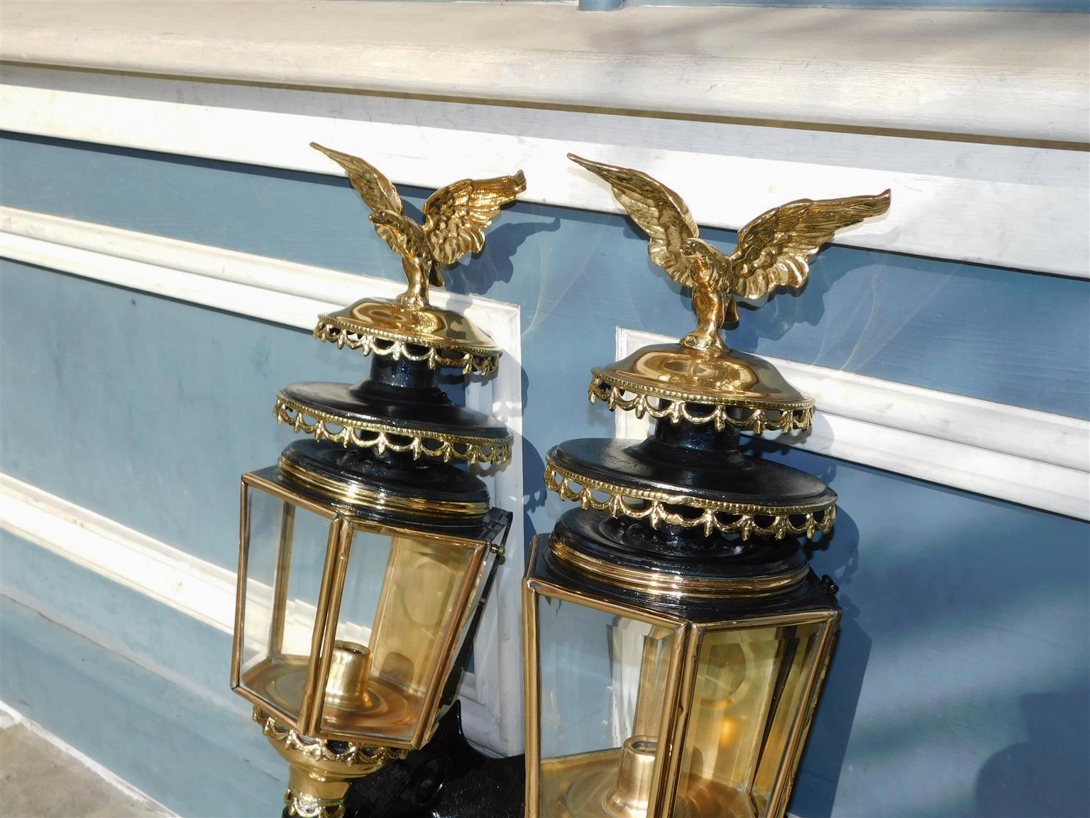 Mid-19th Century Pair of American Brass and Iron Eagle Finial Beaded Swag Coach Lanterns, C. 1850