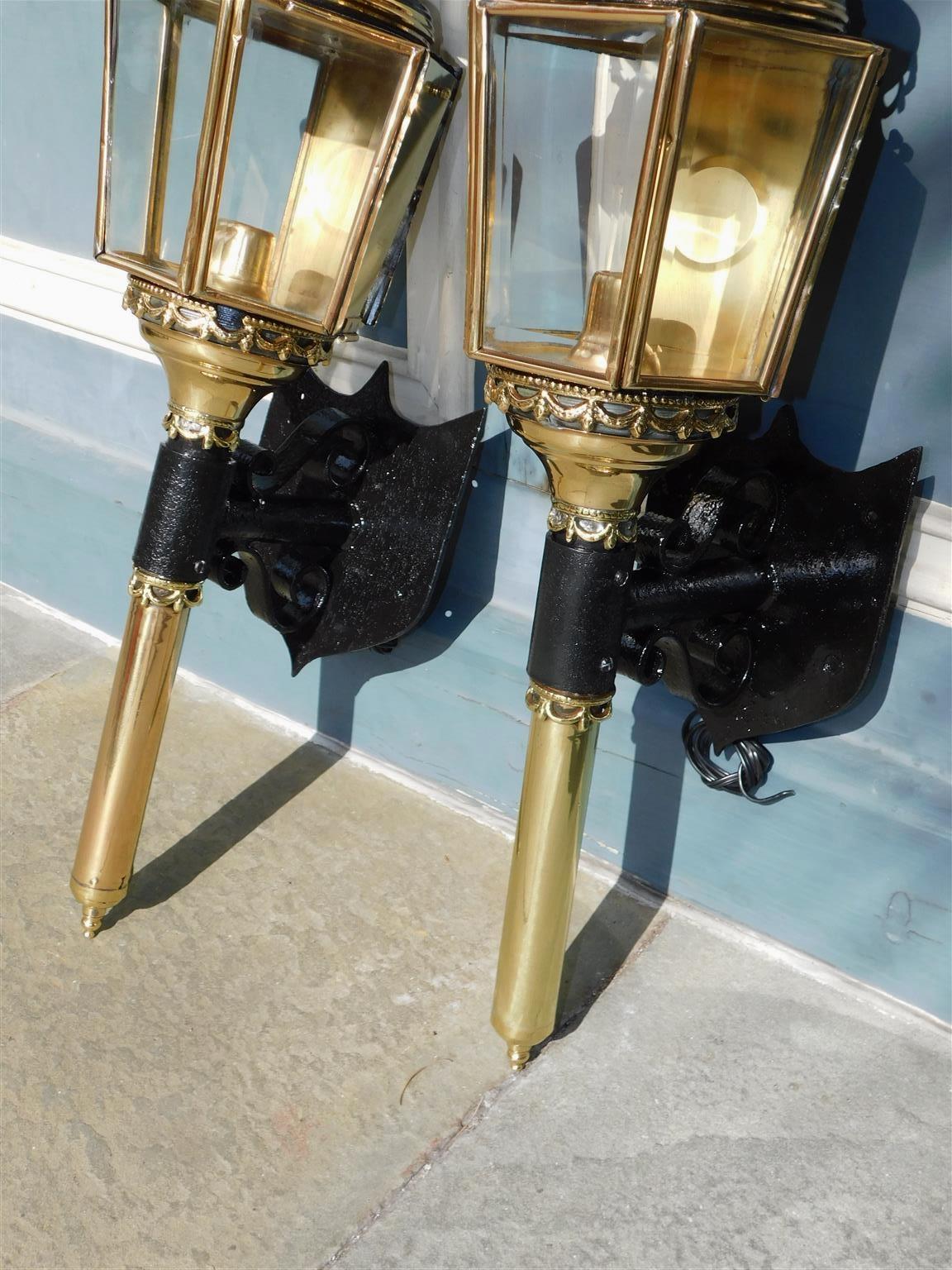 Pair of American Brass and Iron Eagle Finial Beaded Swag Coach Lanterns, C. 1850 2