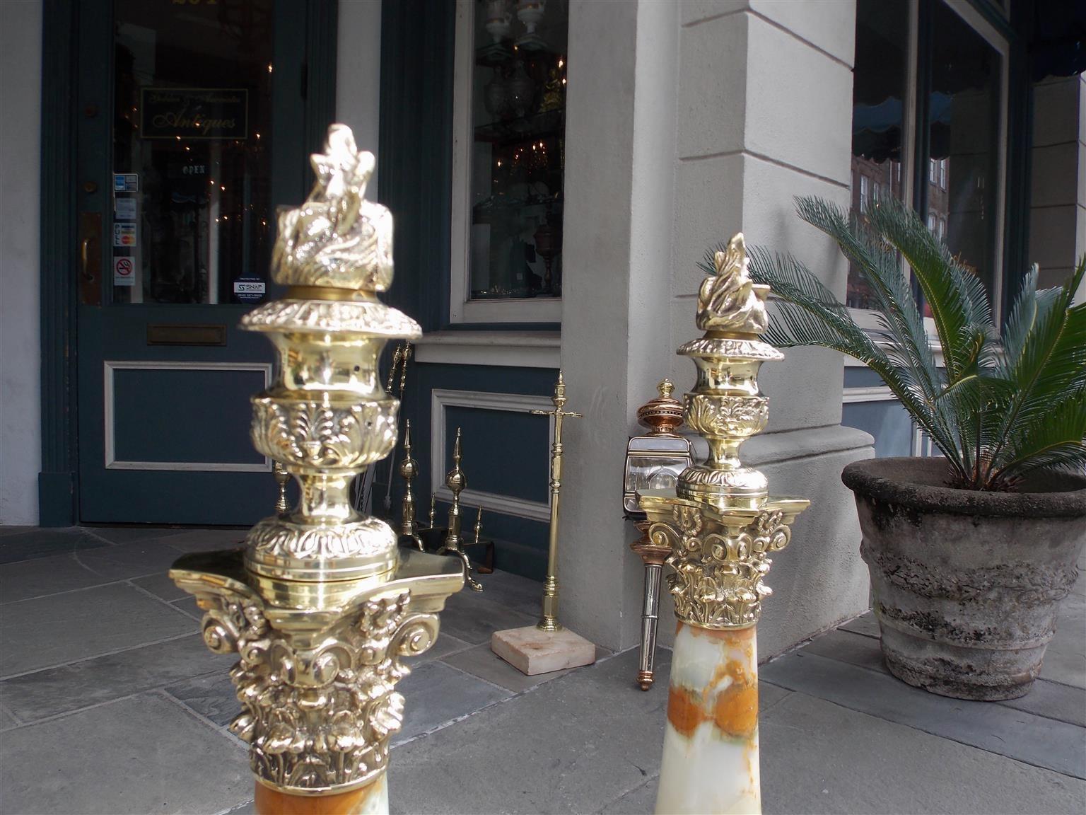 American Empire Pair of American Brass & Onyx Flame Finial Andirons with Acanthus Feet, C. 1850 For Sale