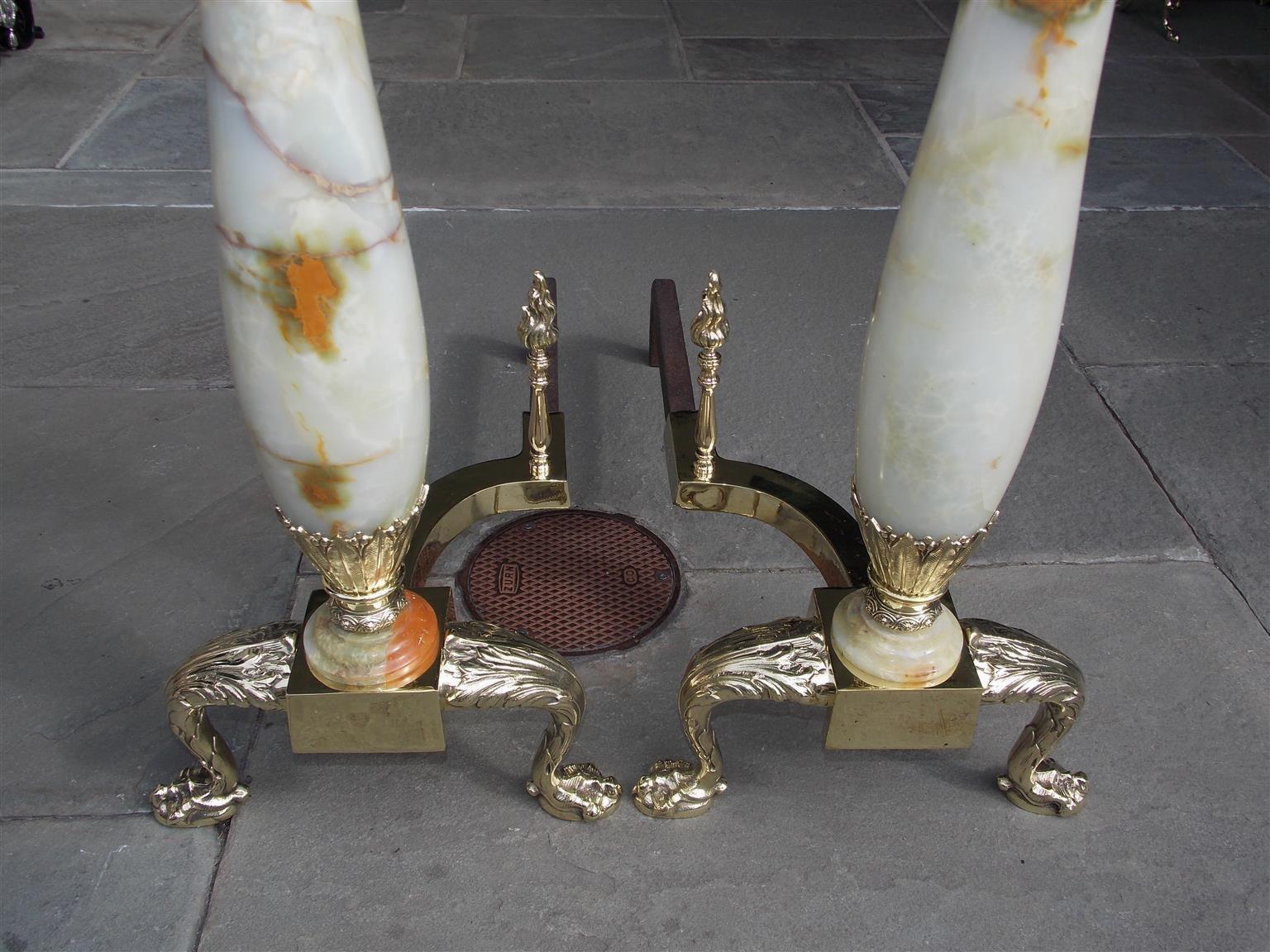 Pair of American Brass & Onyx Flame Finial Andirons with Acanthus Feet, C. 1850 In Excellent Condition For Sale In Charleston, SC