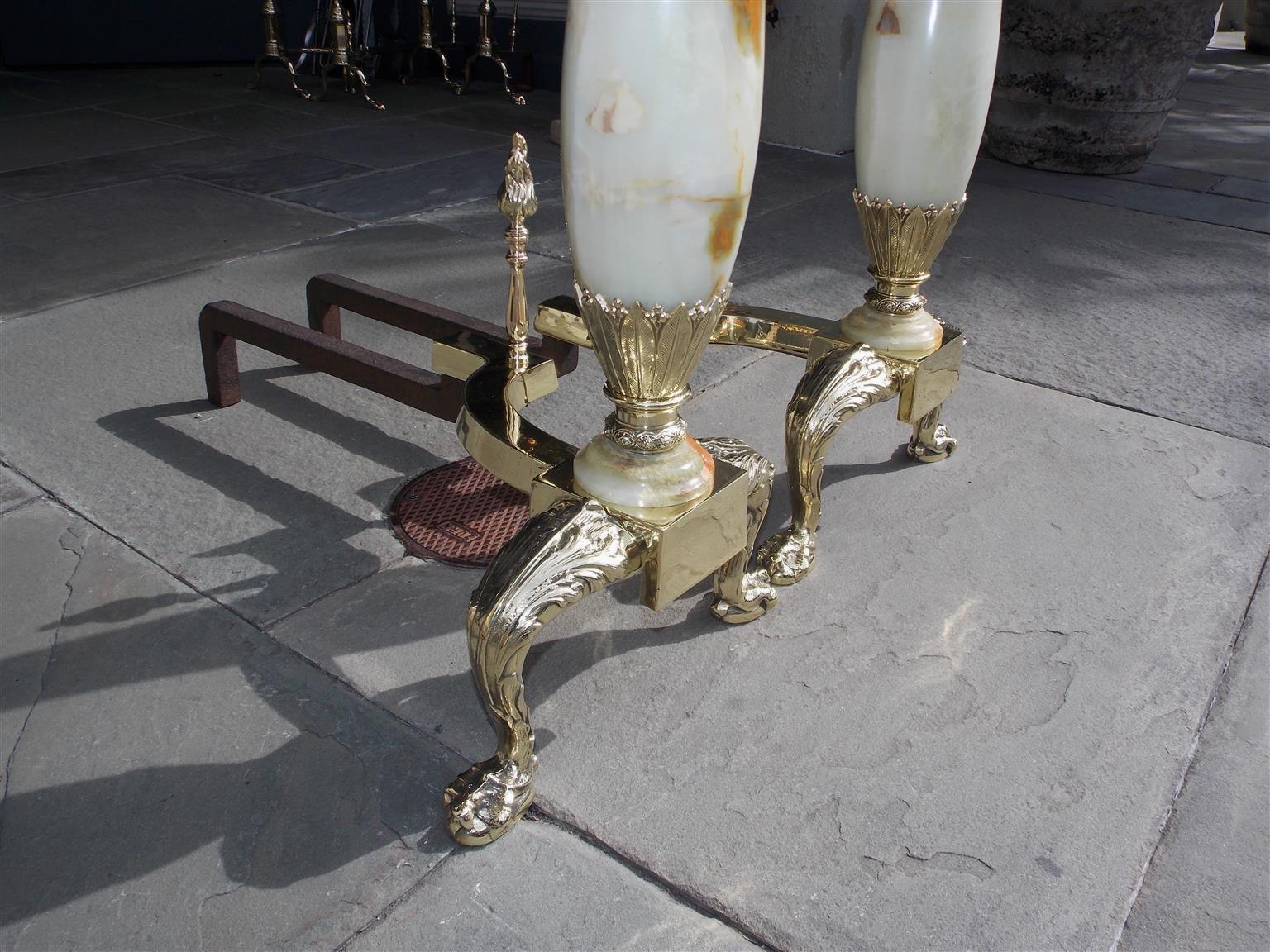 Mid-19th Century Pair of American Brass & Onyx Flame Finial Andirons with Acanthus Feet, C. 1850 For Sale
