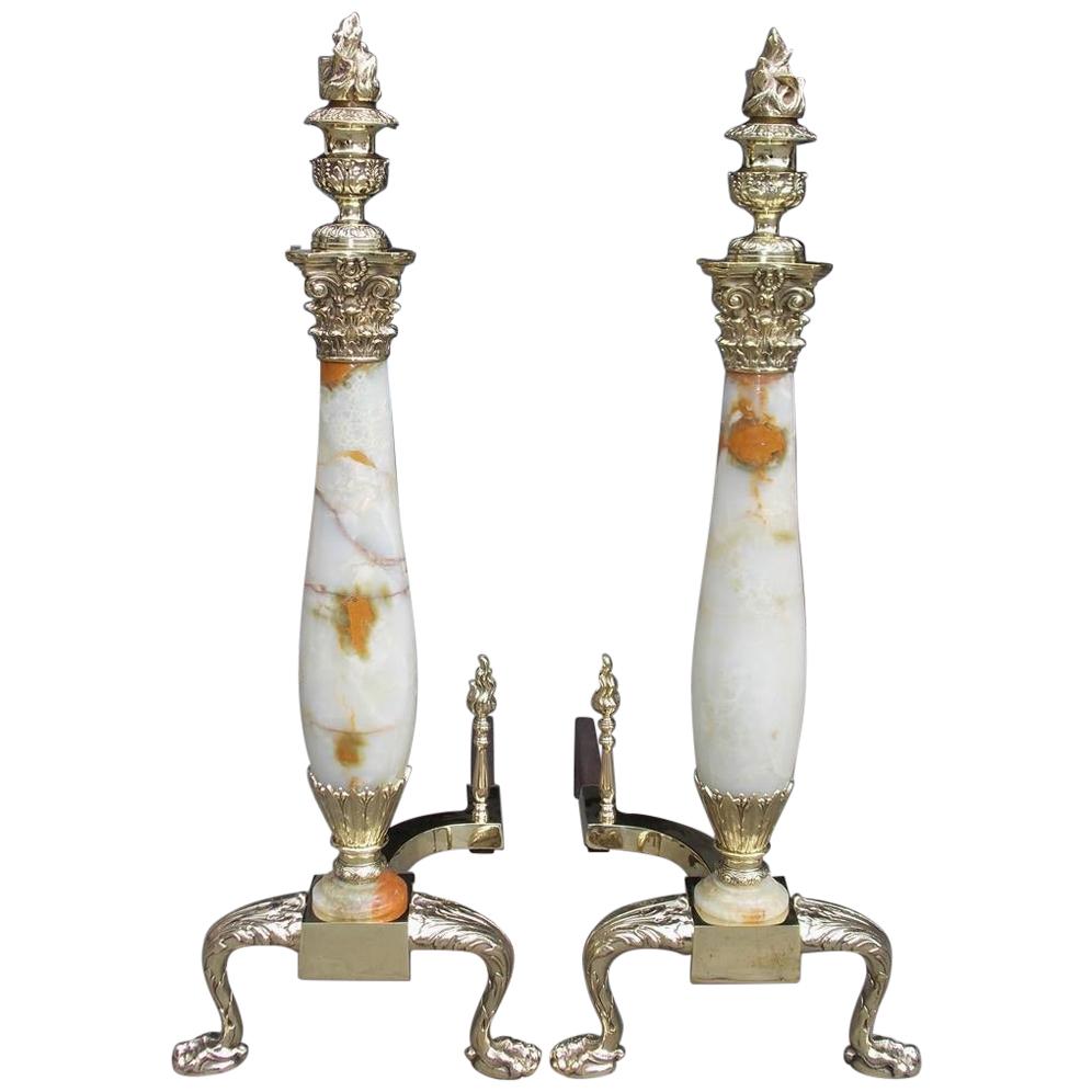 Pair of American Brass & Onyx Flame Finial Andirons with Acanthus Feet, C. 1850 For Sale