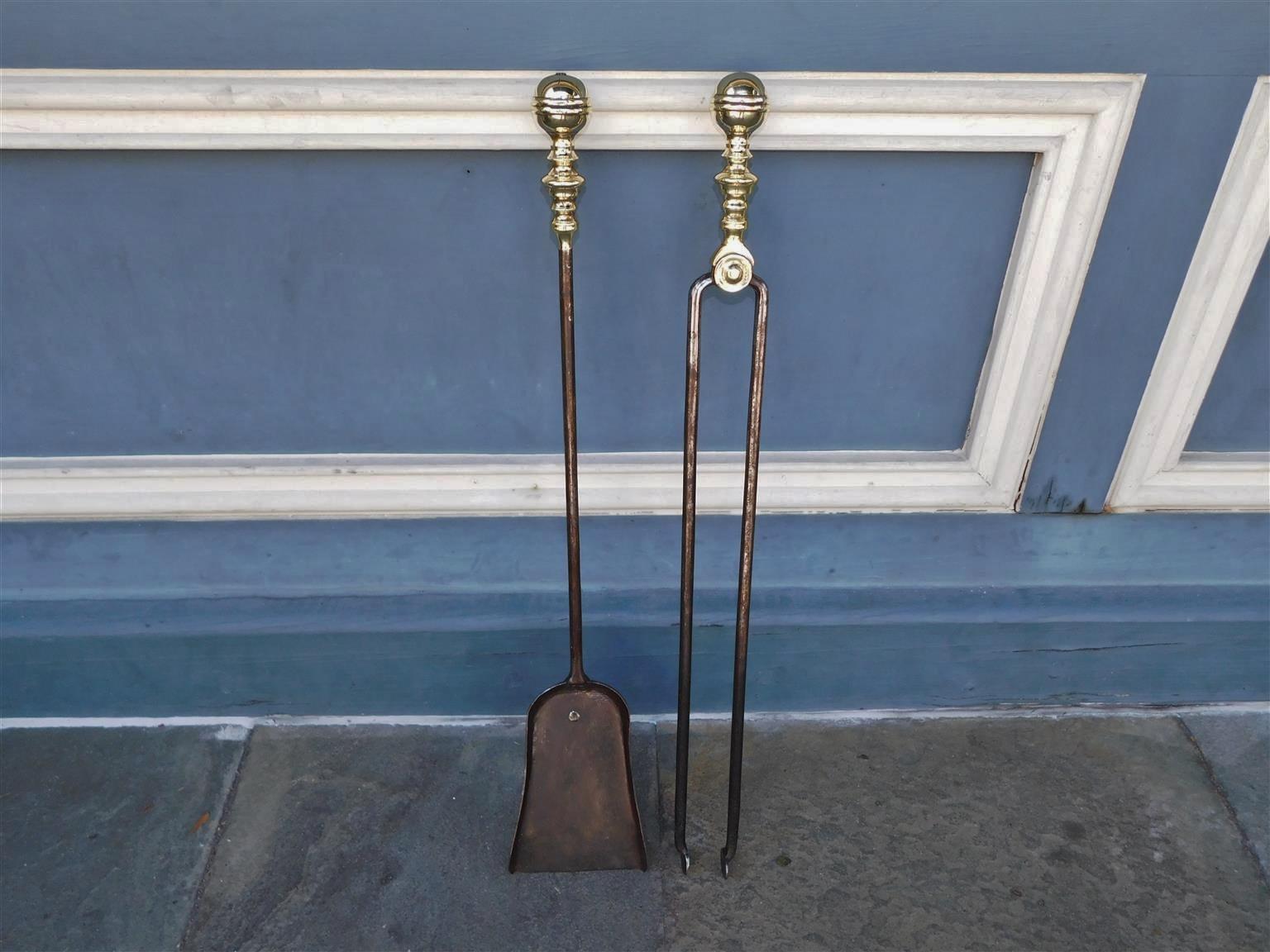 Pair of American Brass and Polished Steel Ball Finial Banded Fire Tools, Early 19th Century Set consist of Tong and Shovel.
