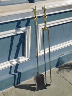 Pair of American Brass and Polished Steel Steeple Top Finial Fire Tools, C. 1800