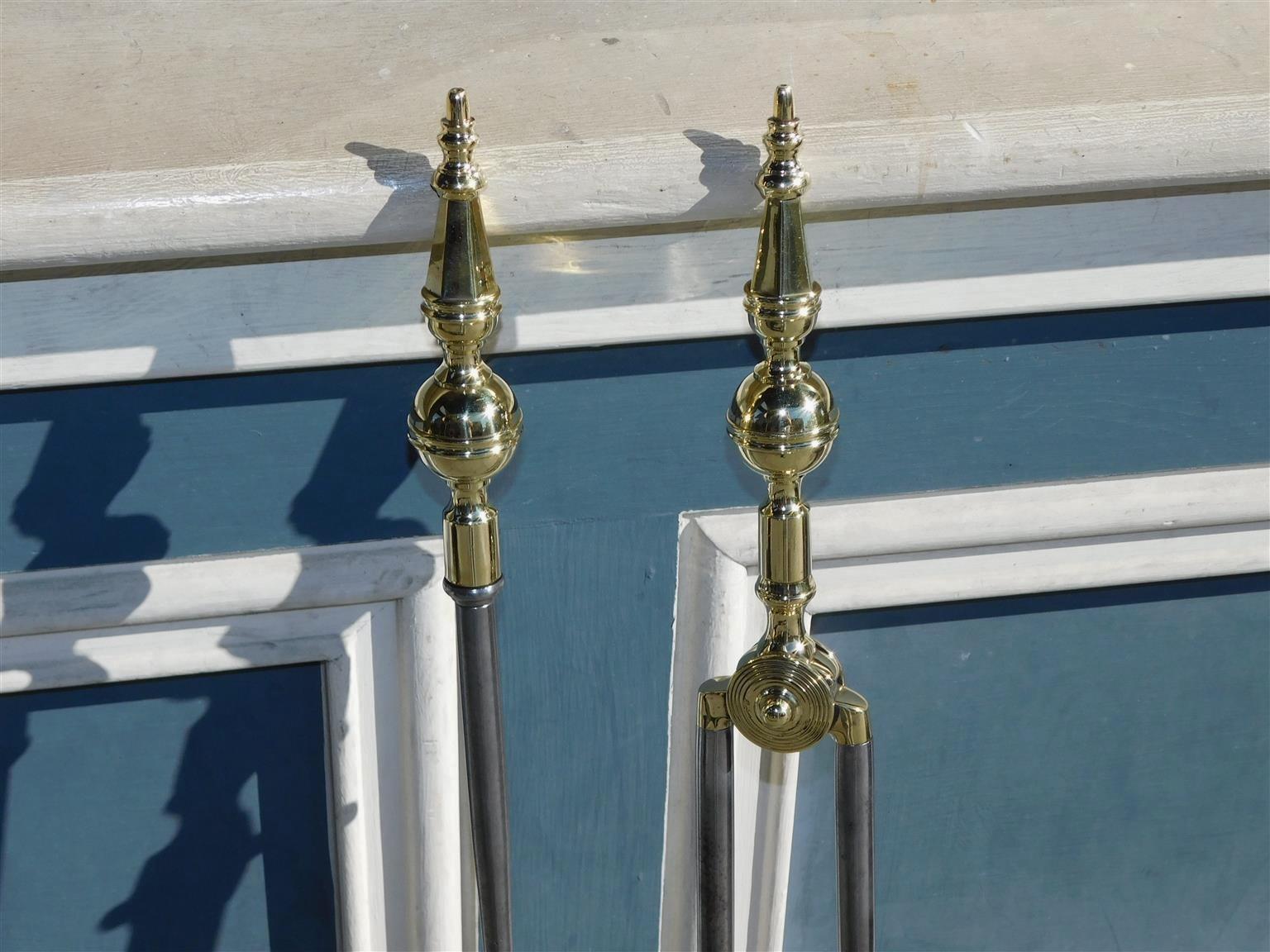 American Colonial Pair of American Brass and Polished Steel Steeple Top Finial Fire Tools, C. 1800 For Sale