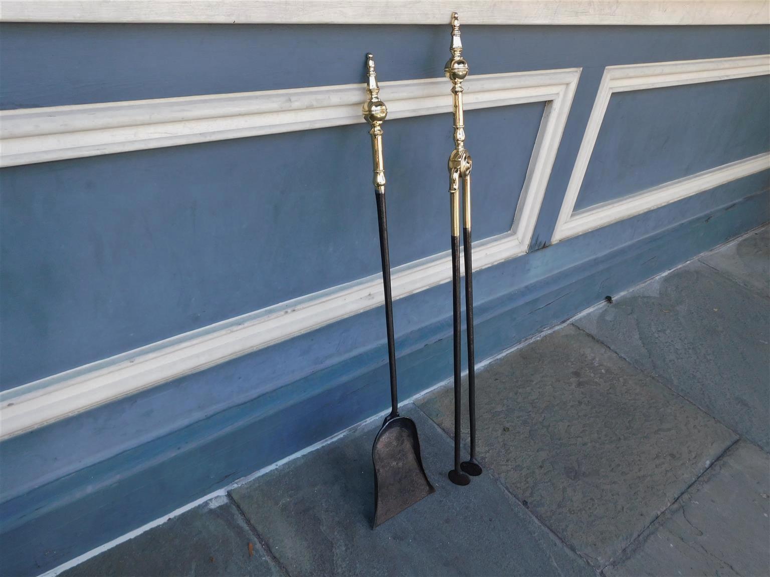 American Colonial Pair of American Brass and Polished Steel Steeple Top Finial Fire Tools, C. 1800 For Sale