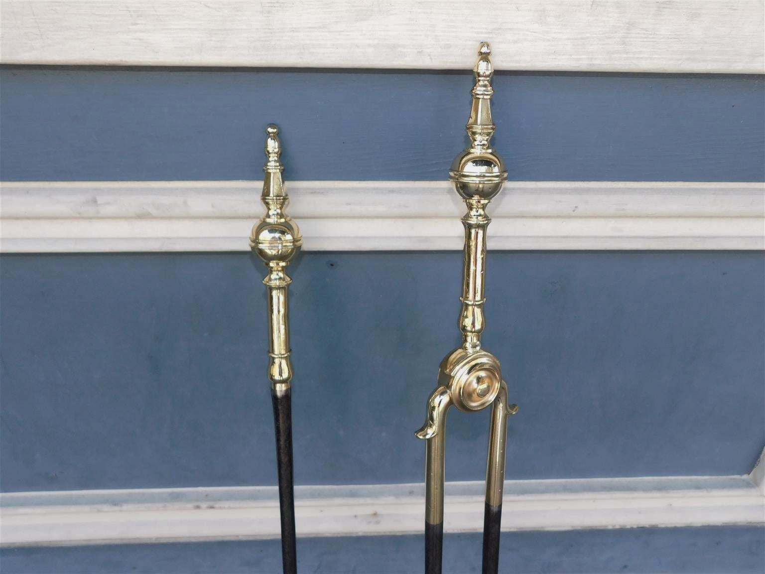 Cast Pair of American Brass and Polished Steel Steeple Top Finial Fire Tools, C. 1800 For Sale