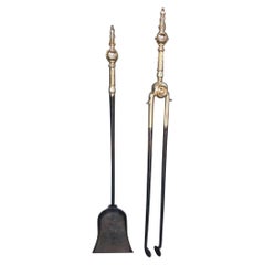 Pair of American Brass and Polished Steel Steeple Top Finial Fire Tools, C. 1800