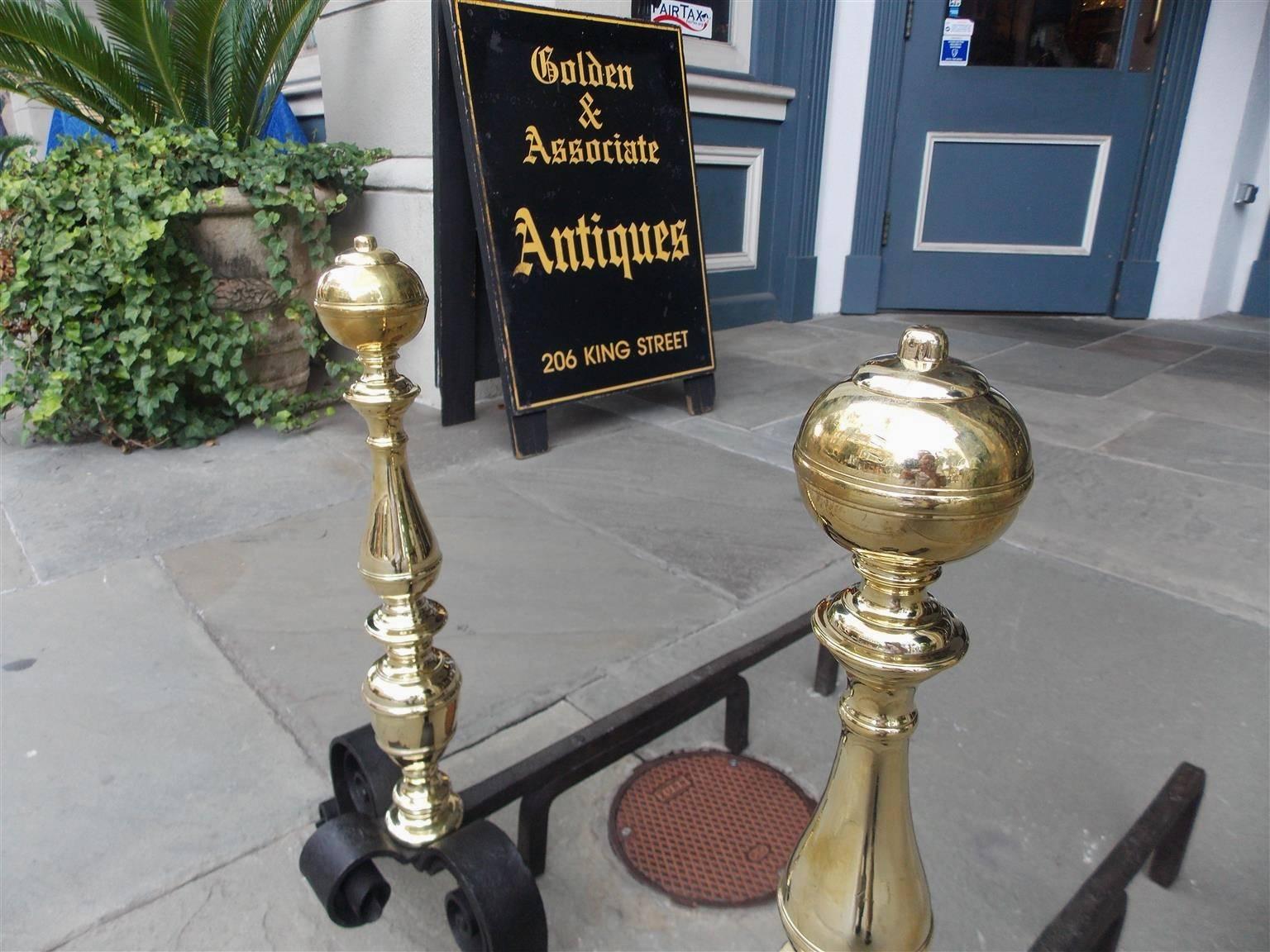 American Empire Pair of American Brass and Wrought Iron Ball Ringed Finial Andirions, C. 1840