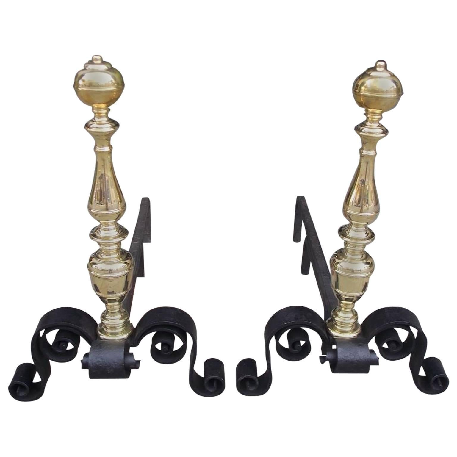 Pair of American Brass and Wrought Iron Ball Ringed Finial Andirions, C. 1840