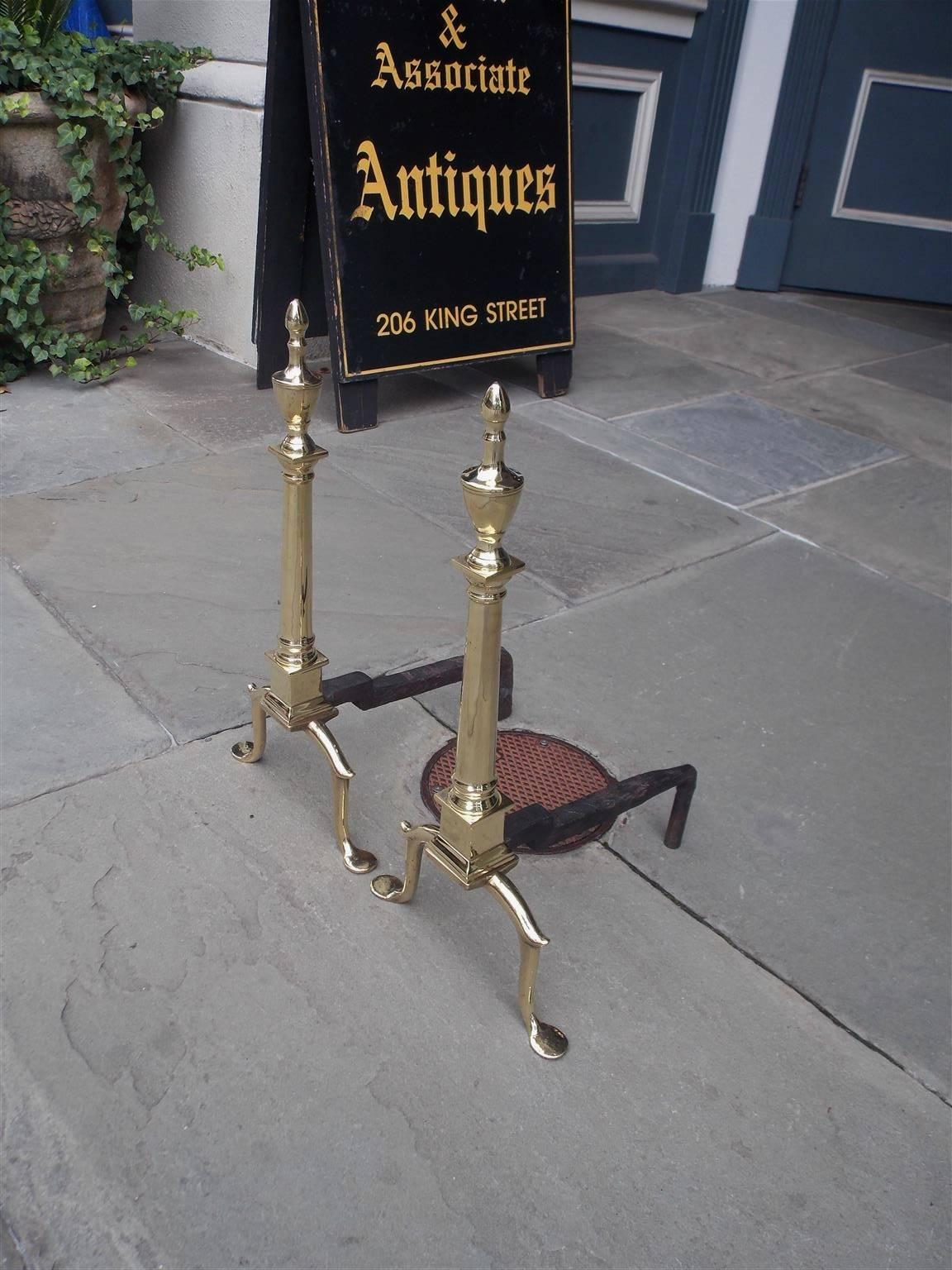 American Colonial Pair of American Brass and Wrought Iron Urn Finial Andirions, Phila. Circa 1780