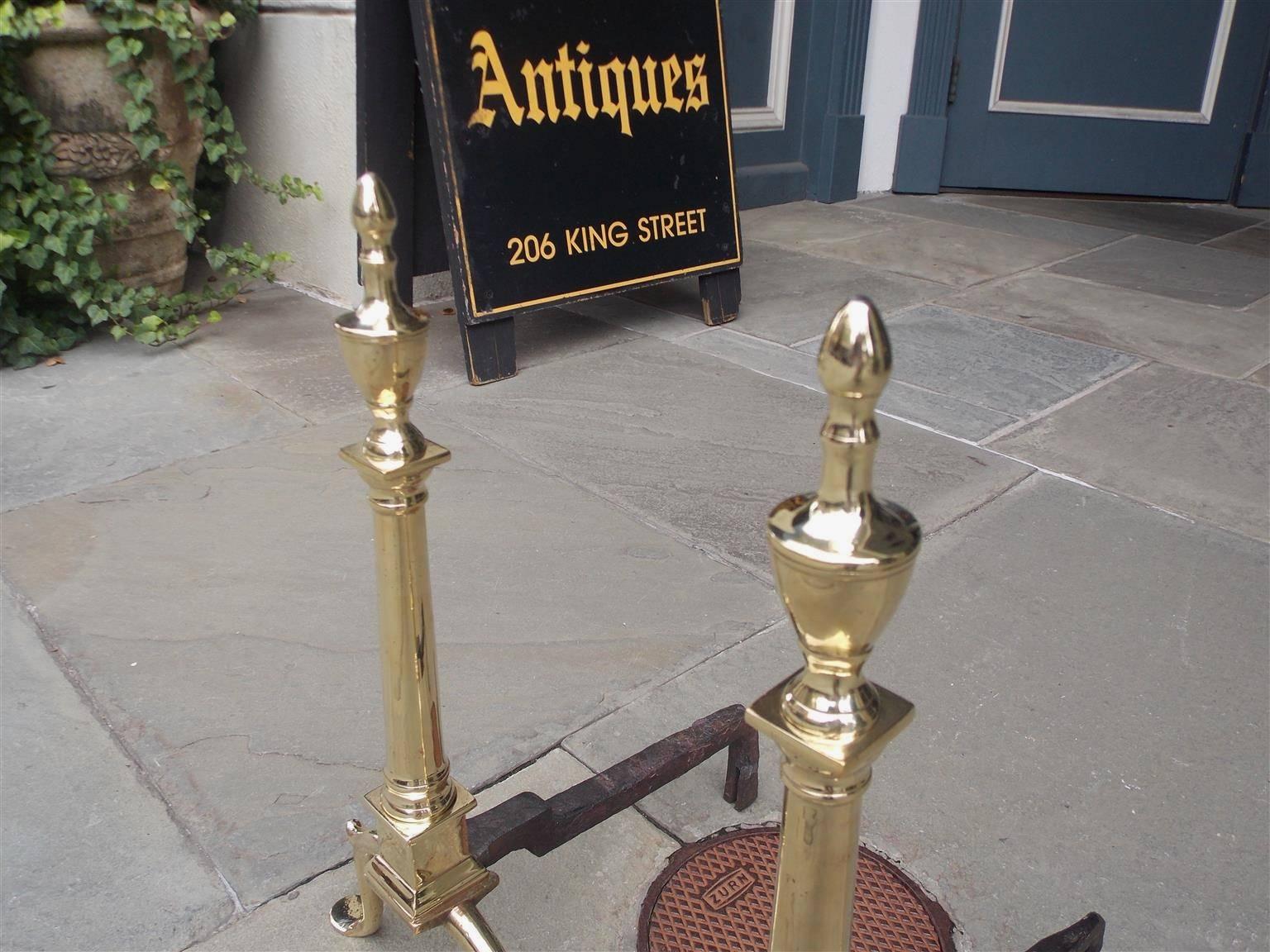 Cast Pair of American Brass and Wrought Iron Urn Finial Andirions, Phila. Circa 1780