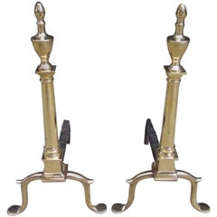 Used Pair of American Brass and Wrought Iron Urn Finial Andirions, Phila. Circa 1780