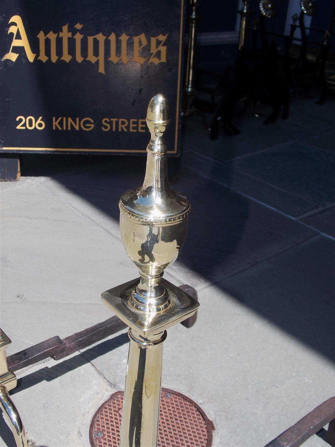 American Colonial Pair of American Brass and Wrought Iron Urn Finial Andirons , Phila. Circa 1780