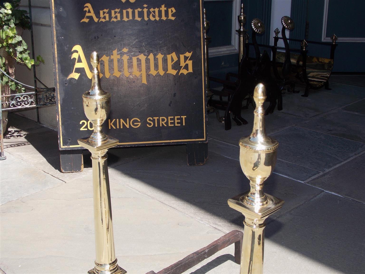 Pair of American Brass and Wrought Iron Urn Finial Andirons , Phila. Circa 1780 In Excellent Condition In Hollywood, SC