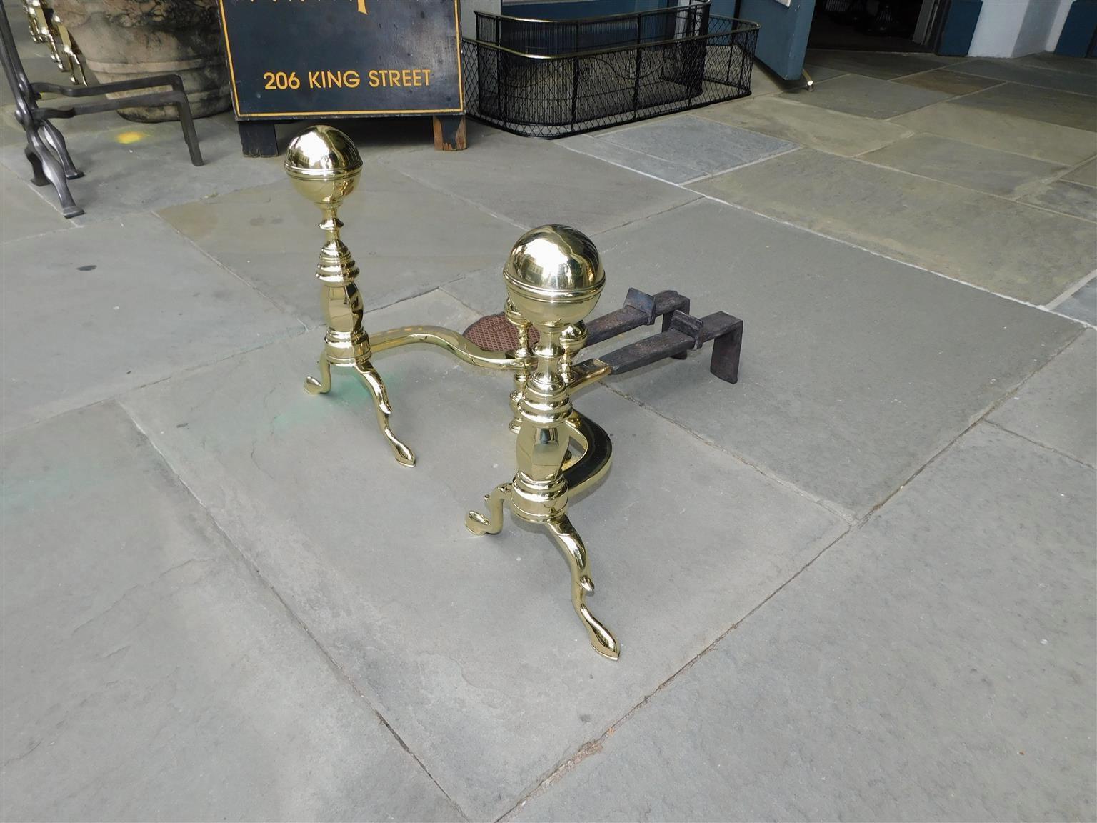American Colonial Pair of American Brass Ball Finial Andirons, Stamped J. Molineux Boston, C 1800 For Sale