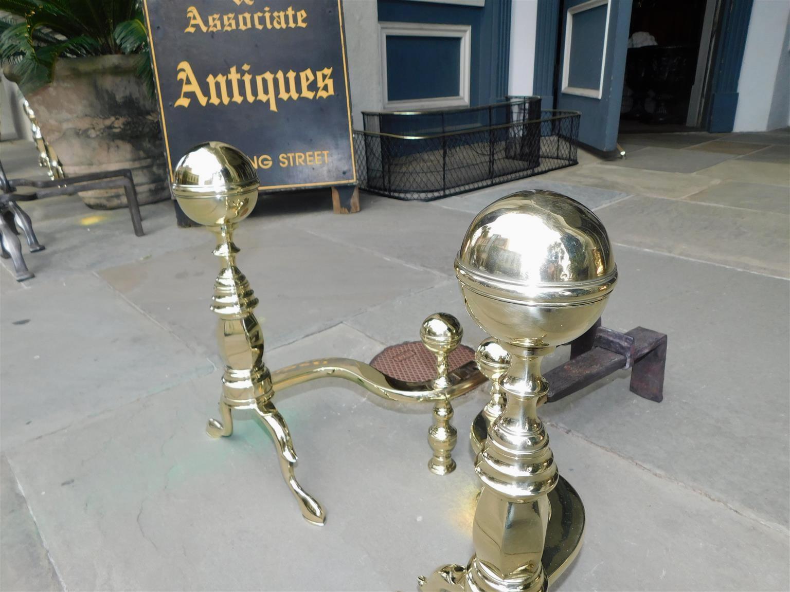 Cast Pair of American Brass Ball Finial Andirons, Stamped J. Molineux Boston, C 1800 For Sale