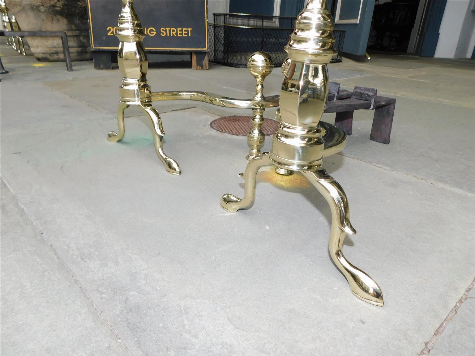 Pair of American Brass Ball Finial Andirons, Stamped J. Molineux Boston, C 1800 In Excellent Condition For Sale In Hollywood, SC