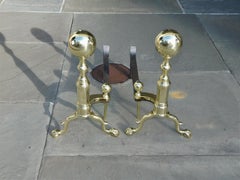 Pair of American Brass Ball Finial Andirons with Ball and Claw Feet, Circa 1840
