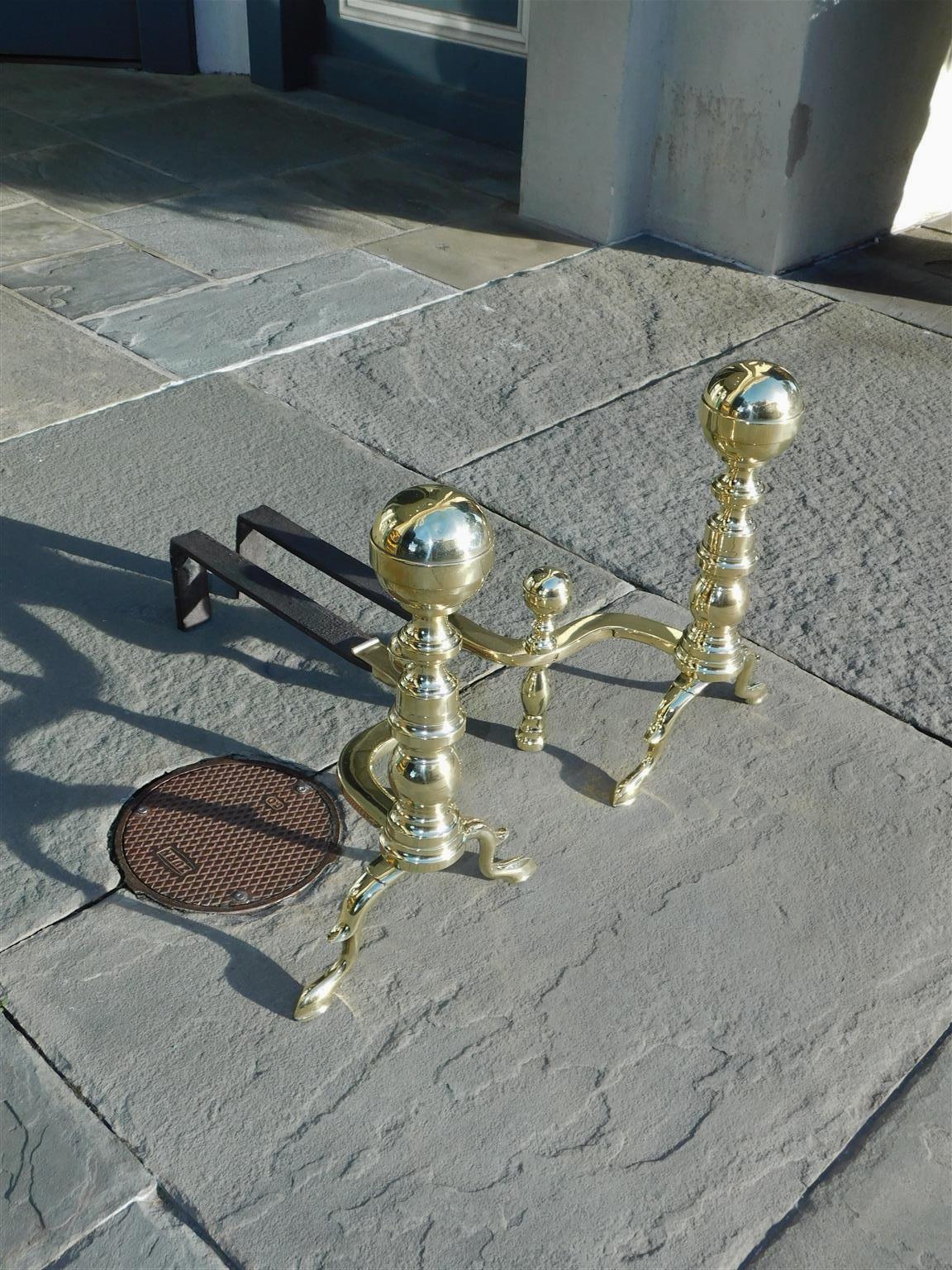 American Colonial Pair of American Brass Ball Finial Andirons with Matching Log Stops, Circa 1800 For Sale