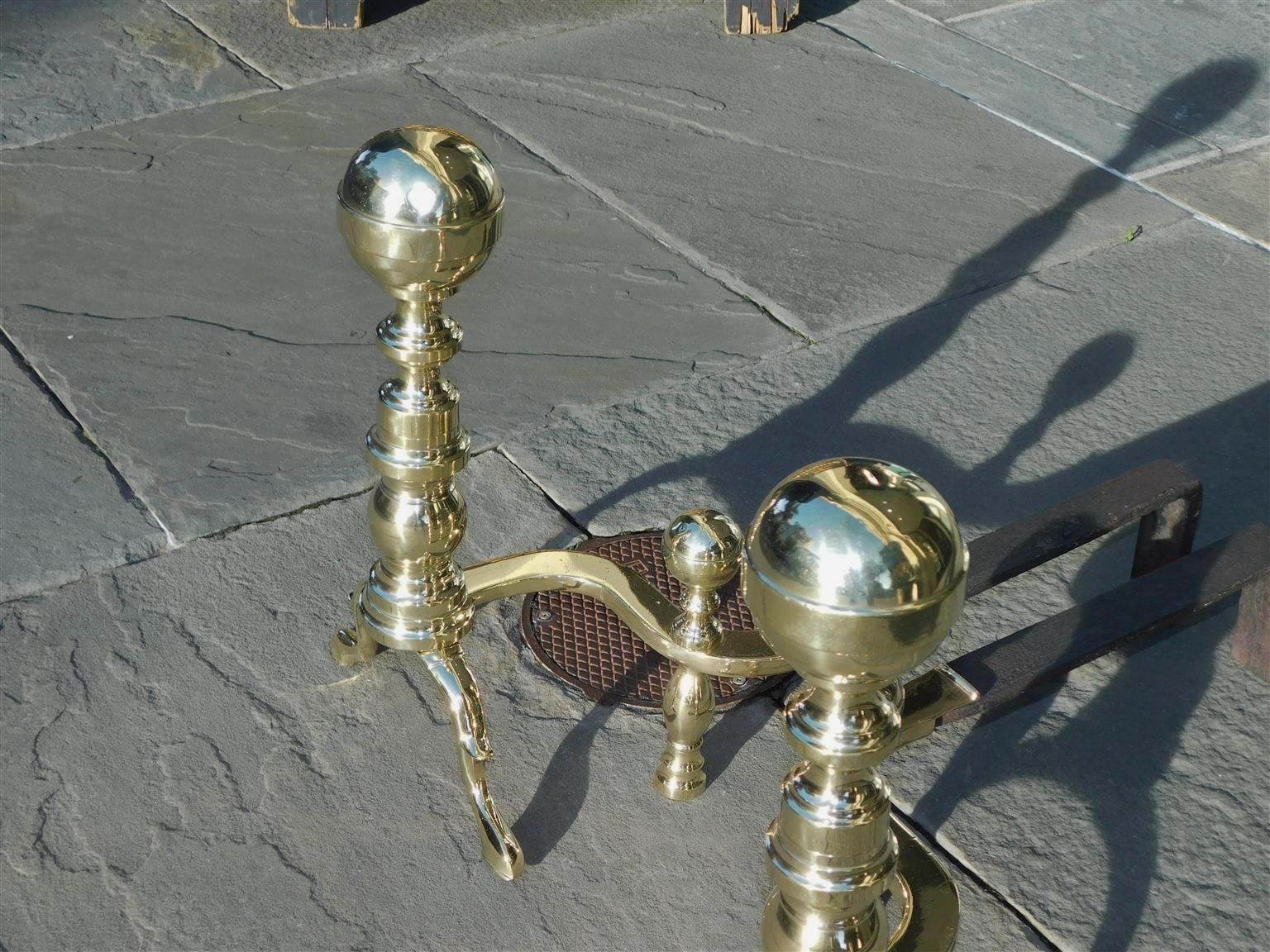 Cast Pair of American Brass Ball Finial Andirons with Matching Log Stops, Circa 1800 For Sale
