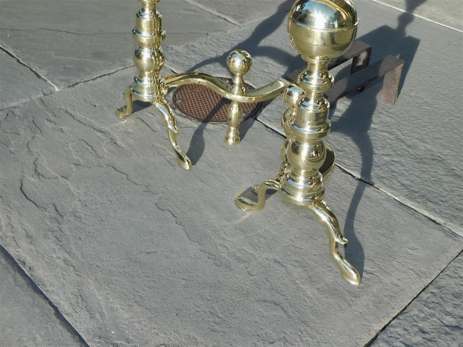 Pair of American Brass Ball Finial Andirons with Matching Log Stops, Circa 1800 In Excellent Condition For Sale In Hollywood, SC