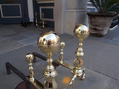 Pair of American Brass Ball Finial Andirons with Matching Log Stops, MA C. 1830