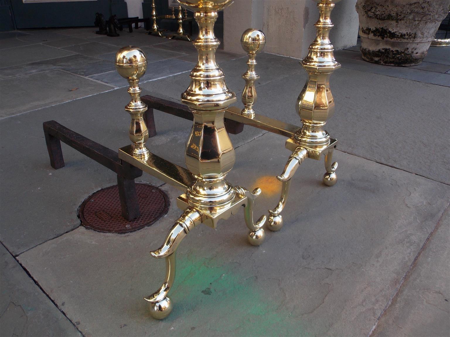 American Empire Pair of American Brass Ball Finial Andirons with Matching Log Stops, MA C. 1830