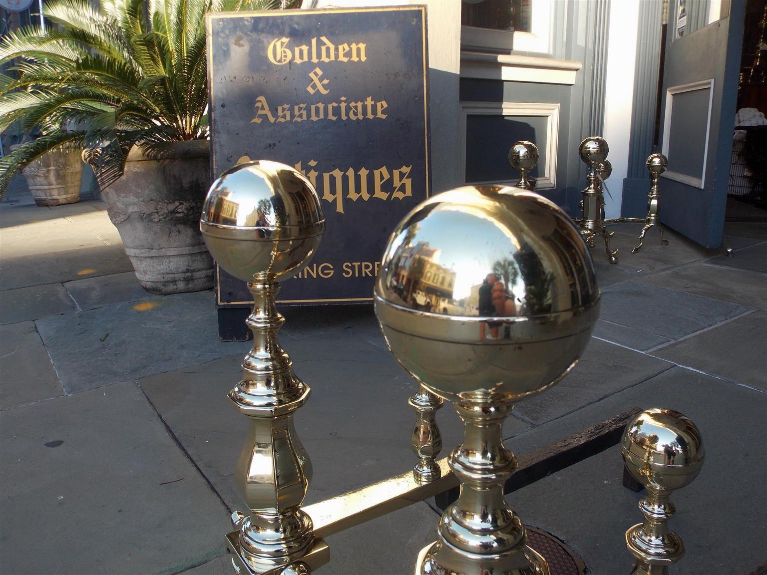 Cast Pair of American Brass Ball Finial Andirons with Matching Log Stops, MA C. 1830